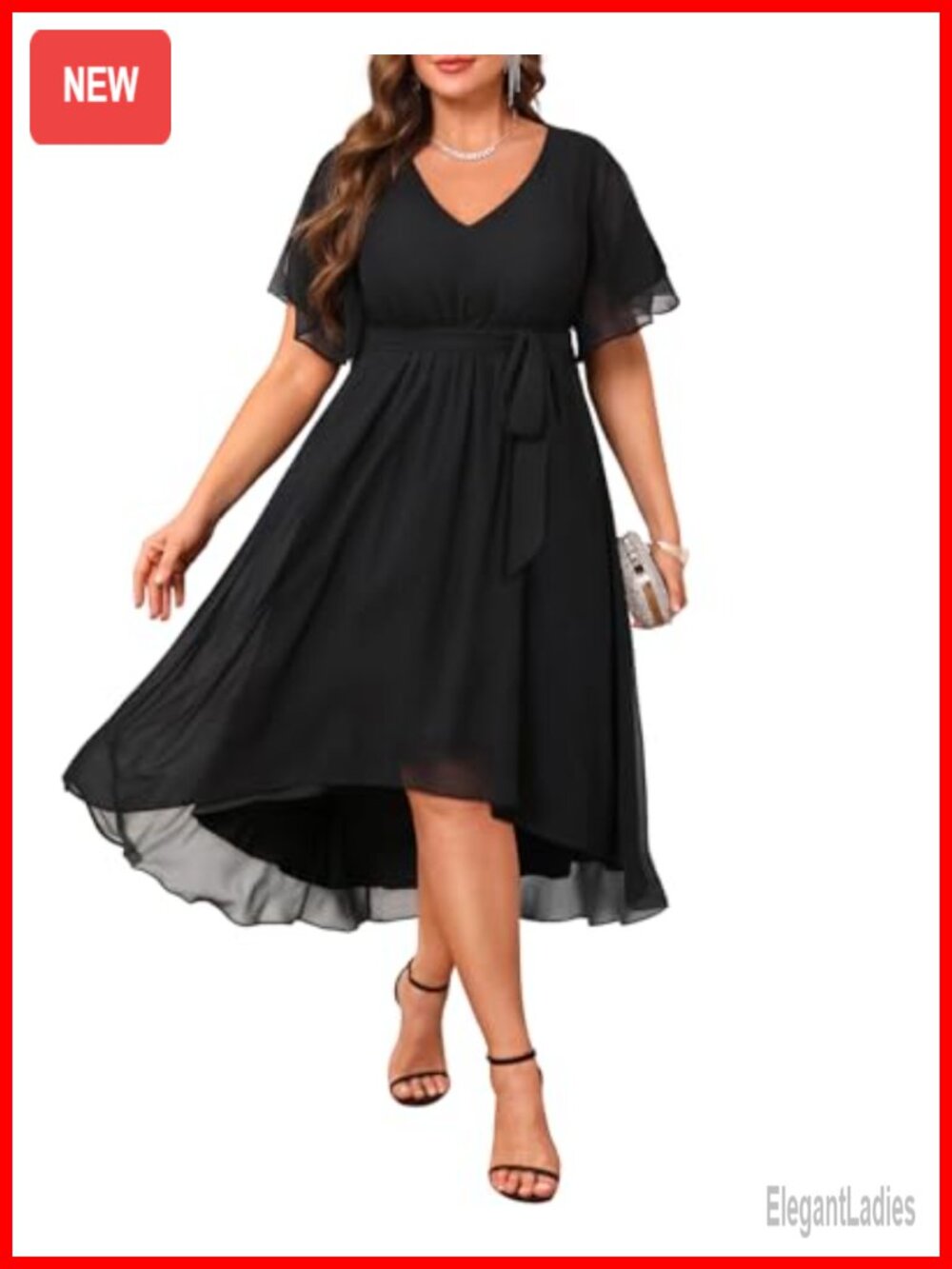 Plus Size Chiffon High Low Dress Short Sleeve V-Neck Wedding Guest Formal